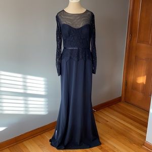 JSCollections Navy Blue Illusion Evening Gown